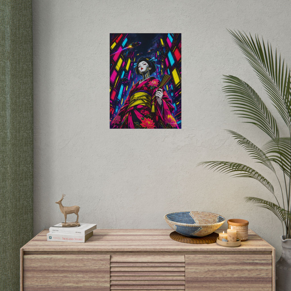 Chrome Lotus Geisha poster hanging above a dark gaming desk with neon lighting, view 8 of 8