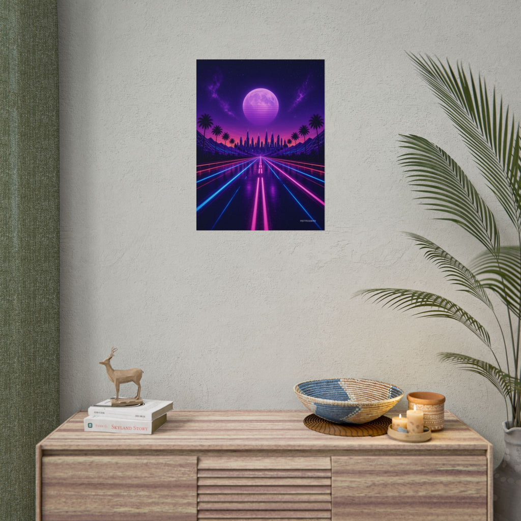 Night Drive 2049 poster hanging above a dark gaming desk with neon lighting, view 8 of 8