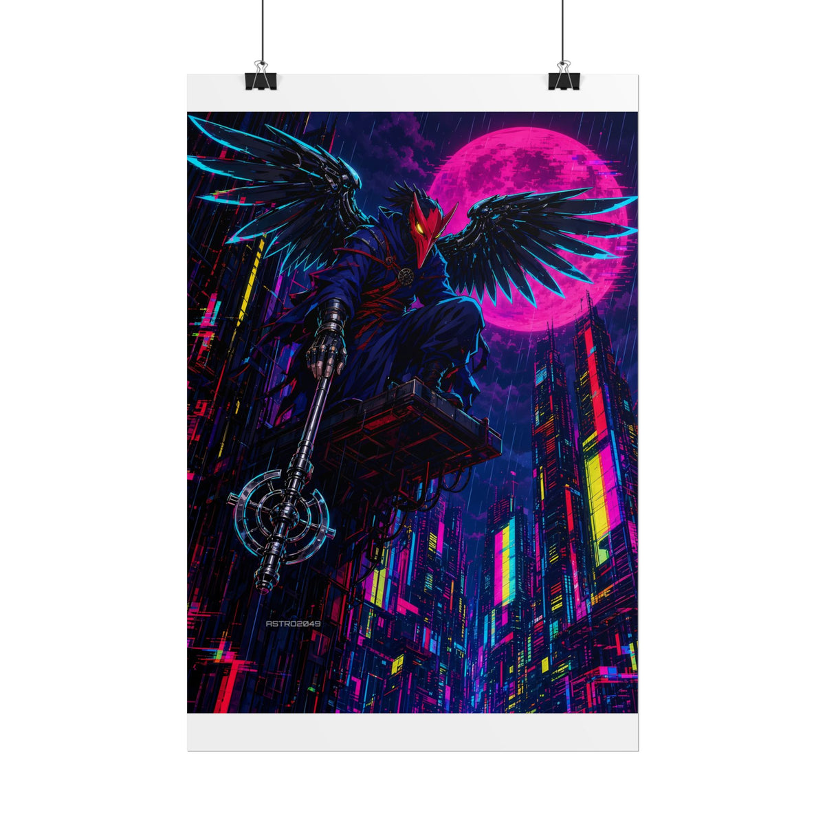 Chrome Tengu Sentinel poster hanging above a dark gaming desk with neon lighting, view 3 of 8