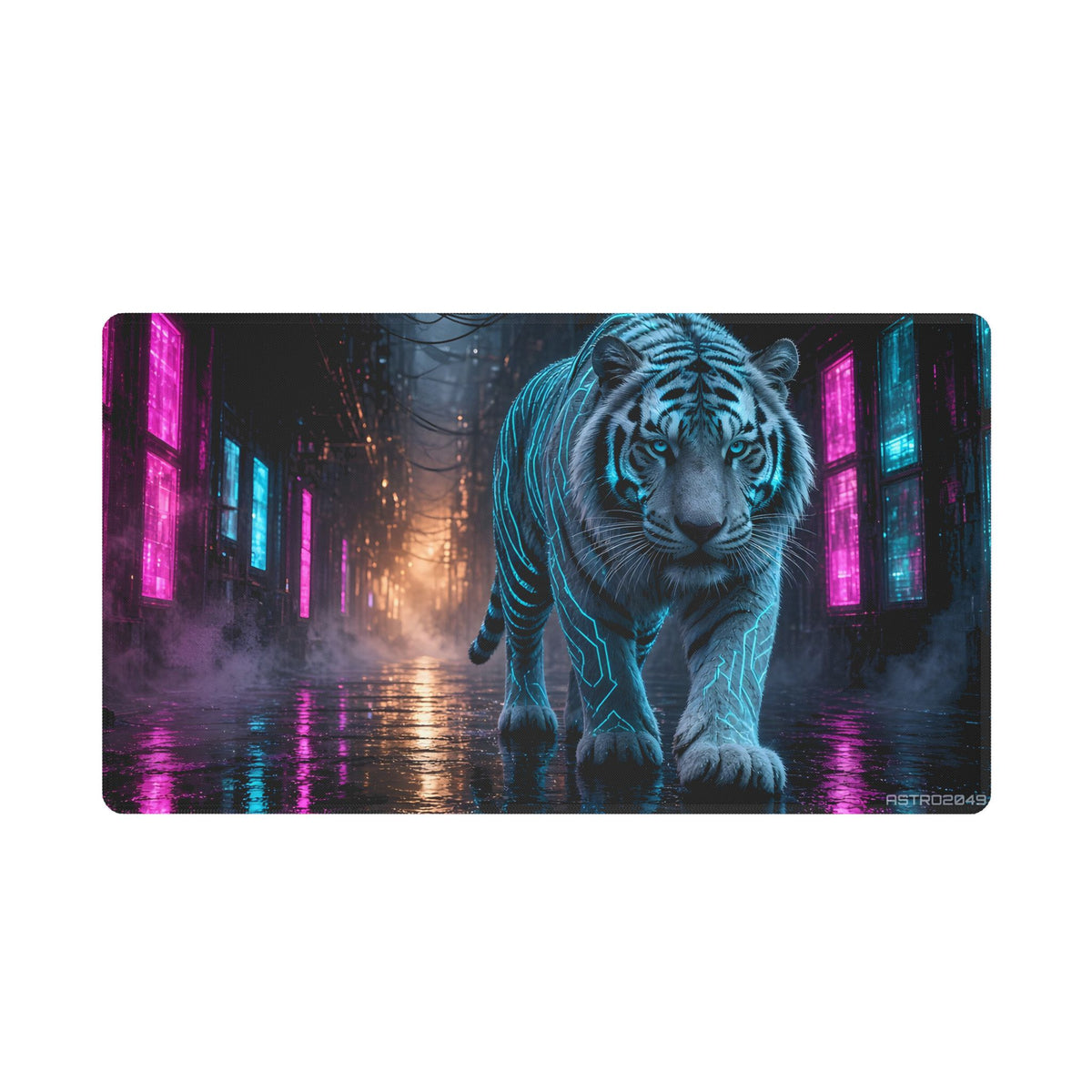 White tiger with glowing cyan circuit stripes walking through a rain-soaked neon alley lit in magenta and teal, reflections in puddles, desk mat by ASTRO2049
