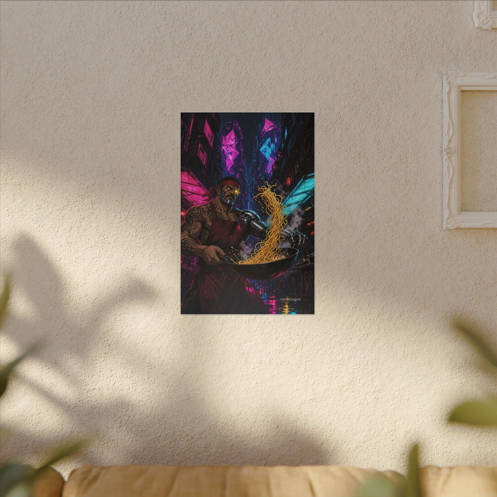 Noodle Bar 2049 canvas hanging above a dark gaming desk with neon lighting, view 7 of 8