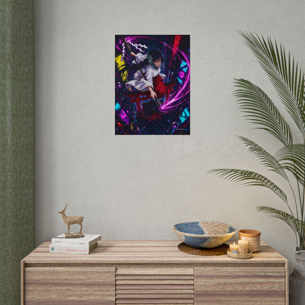 Neon Shrine Maiden poster hanging above a dark gaming desk with neon lighting, view 8 of 8