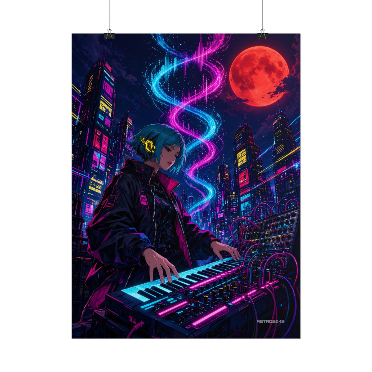 Rooftop Synth Runner poster hanging above a dark gaming desk with neon lighting, view 6 of 8