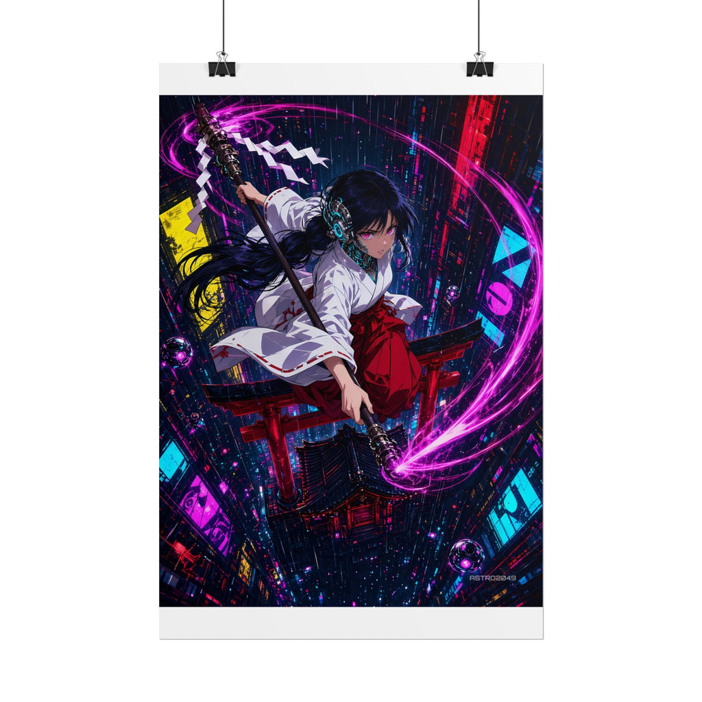 Neon Shrine Maiden poster hanging above a dark gaming desk with neon lighting, view 3 of 8