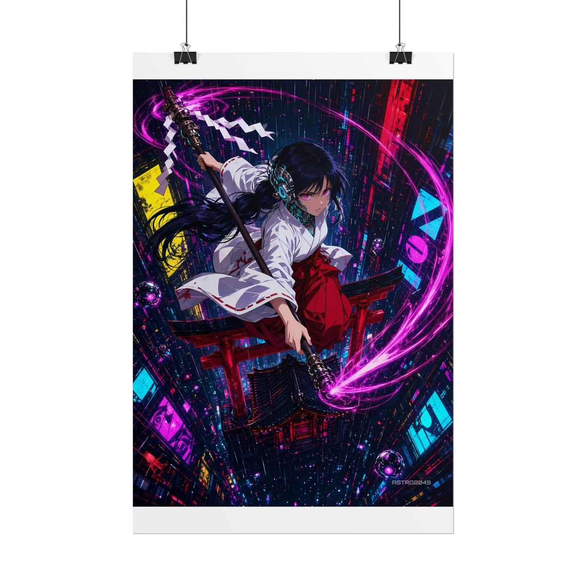 Neon Shrine Maiden poster hanging above a dark gaming desk with neon lighting, view 3 of 8