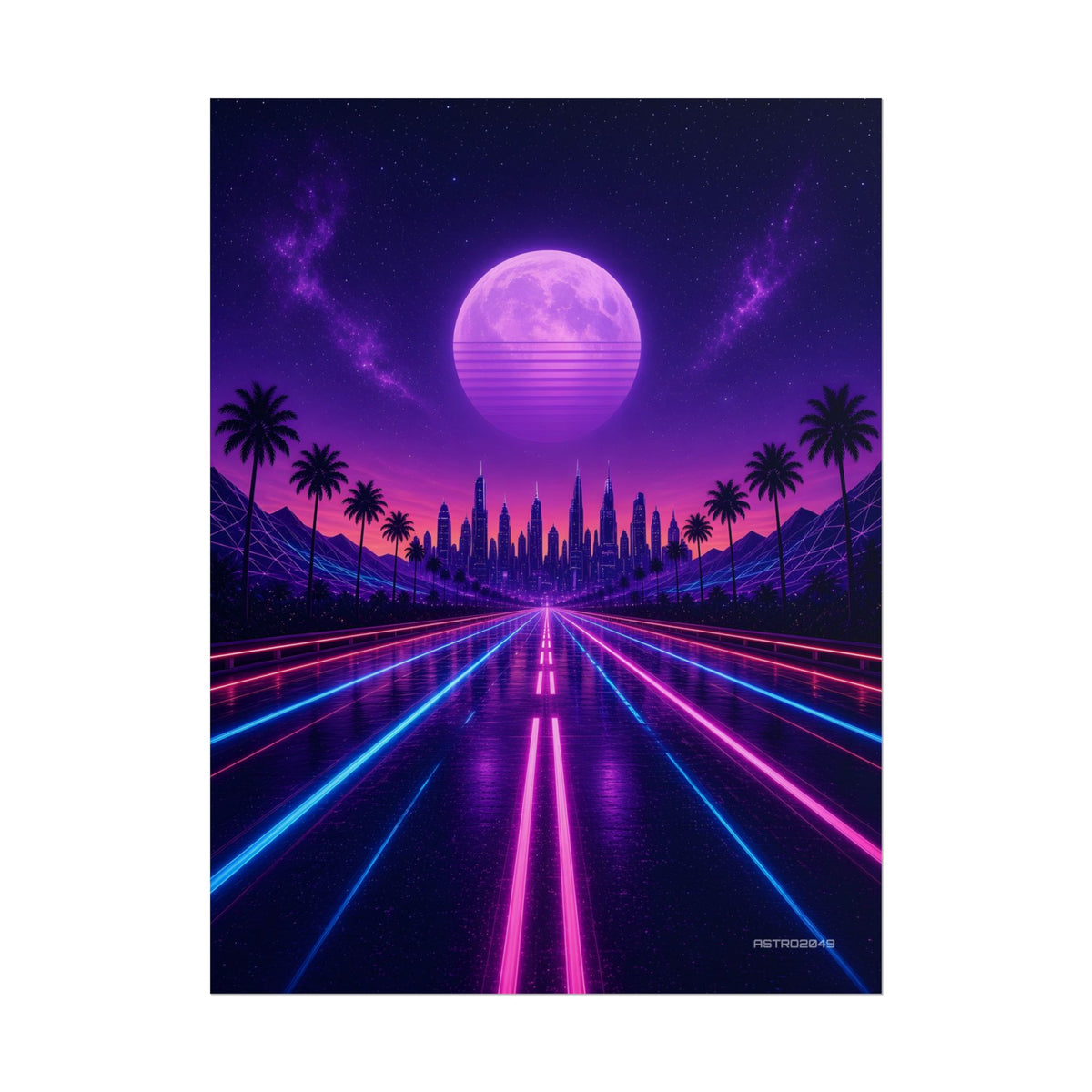 Night Drive 2049 poster hanging above a dark gaming desk with neon lighting, view 2 of 8