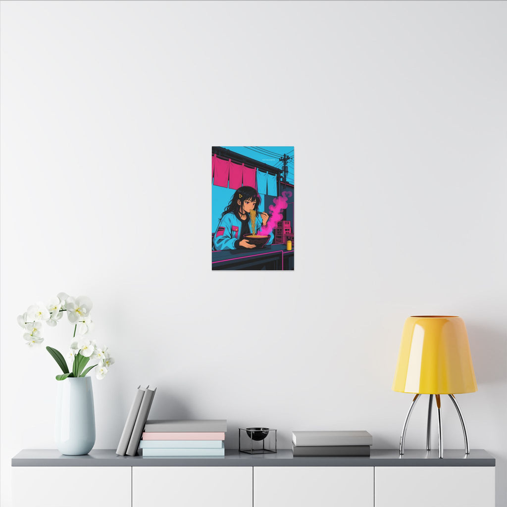 Ramen Stall Messenger canvas hanging above a dark gaming desk with neon lighting, view 8 of 8