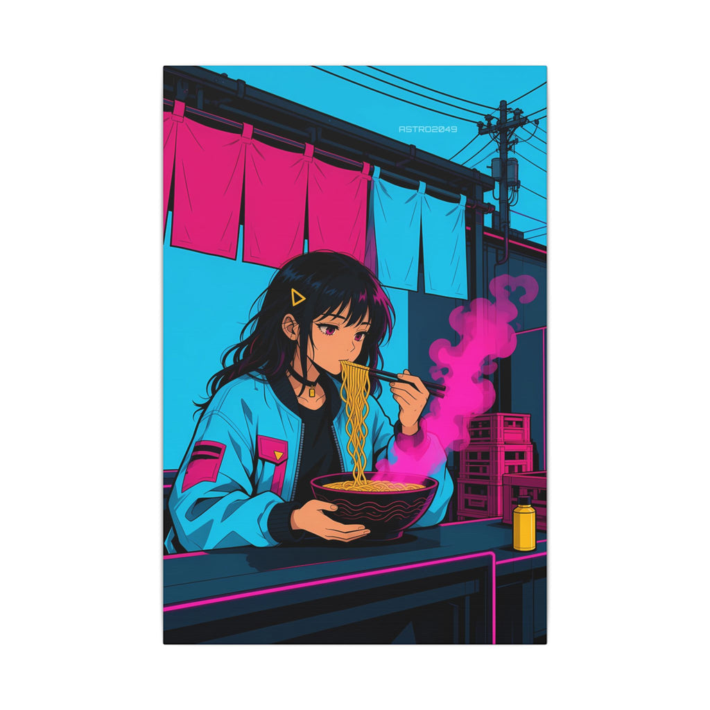 Ramen Stall Messenger canvas hanging above a dark gaming desk with neon lighting, view 2 of 8