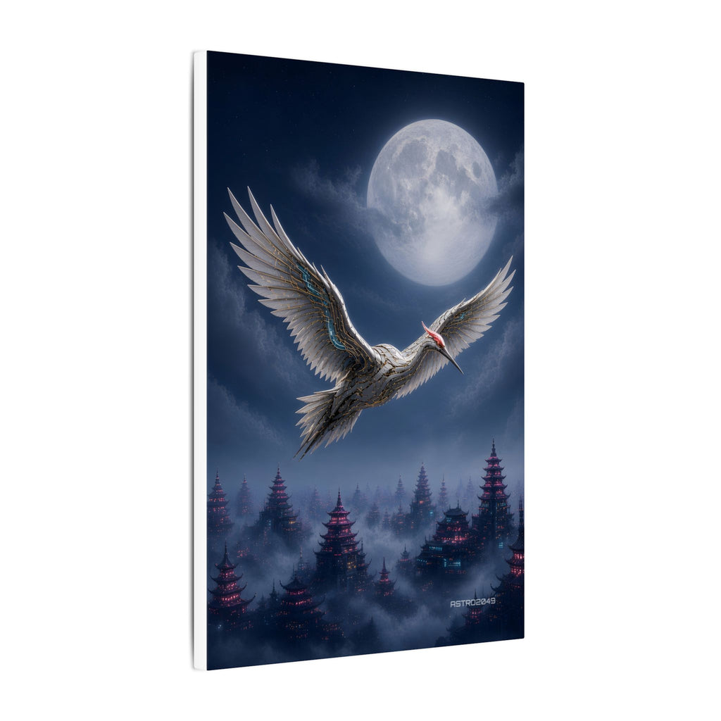 Moon Circuit Crane canvas hanging above a dark gaming desk with neon lighting, view 6 of 8