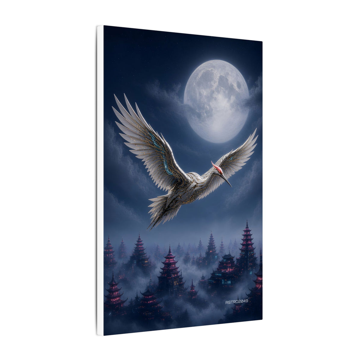 Moon Circuit Crane canvas hanging above a dark gaming desk with neon lighting, view 6 of 8