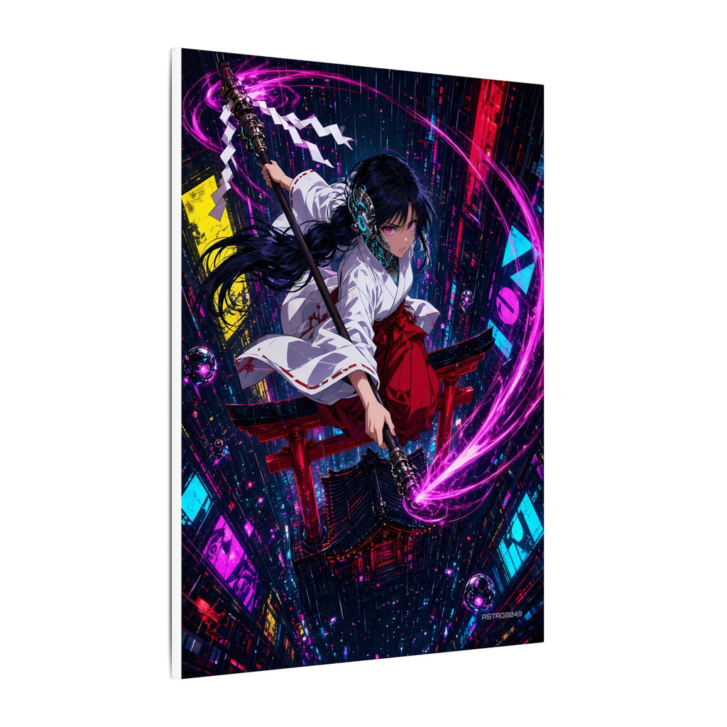 Neon Shrine Maiden canvas hanging above a dark gaming desk with neon lighting, view 3 of 8