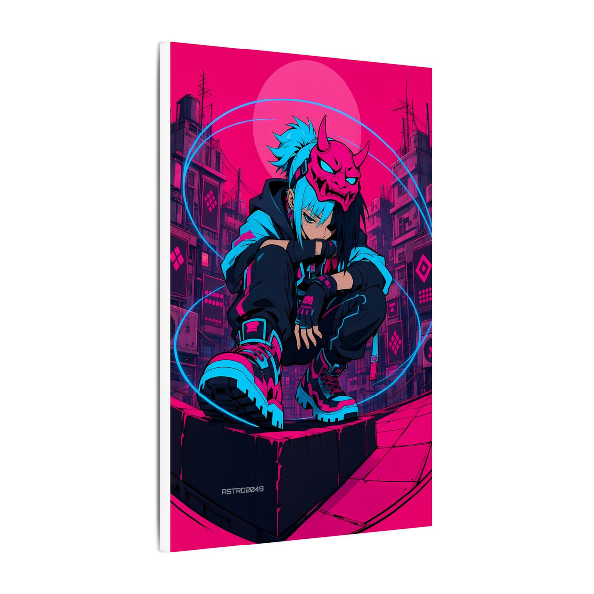 Kira Netrunner 2049 canvas hanging above a dark gaming desk with neon lighting, view 6 of 8