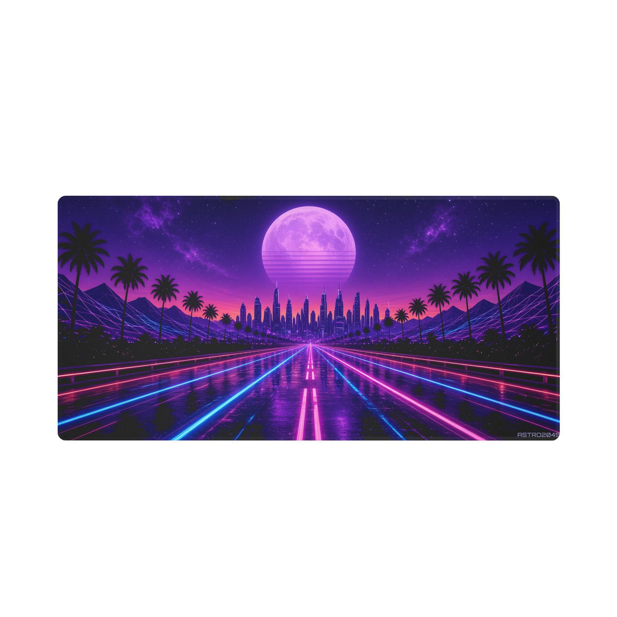 Night Drive 2049 desk mat under a keyboard and mouse in a dark neon gaming setup – 36 x 18 in / 48 x 24 in
