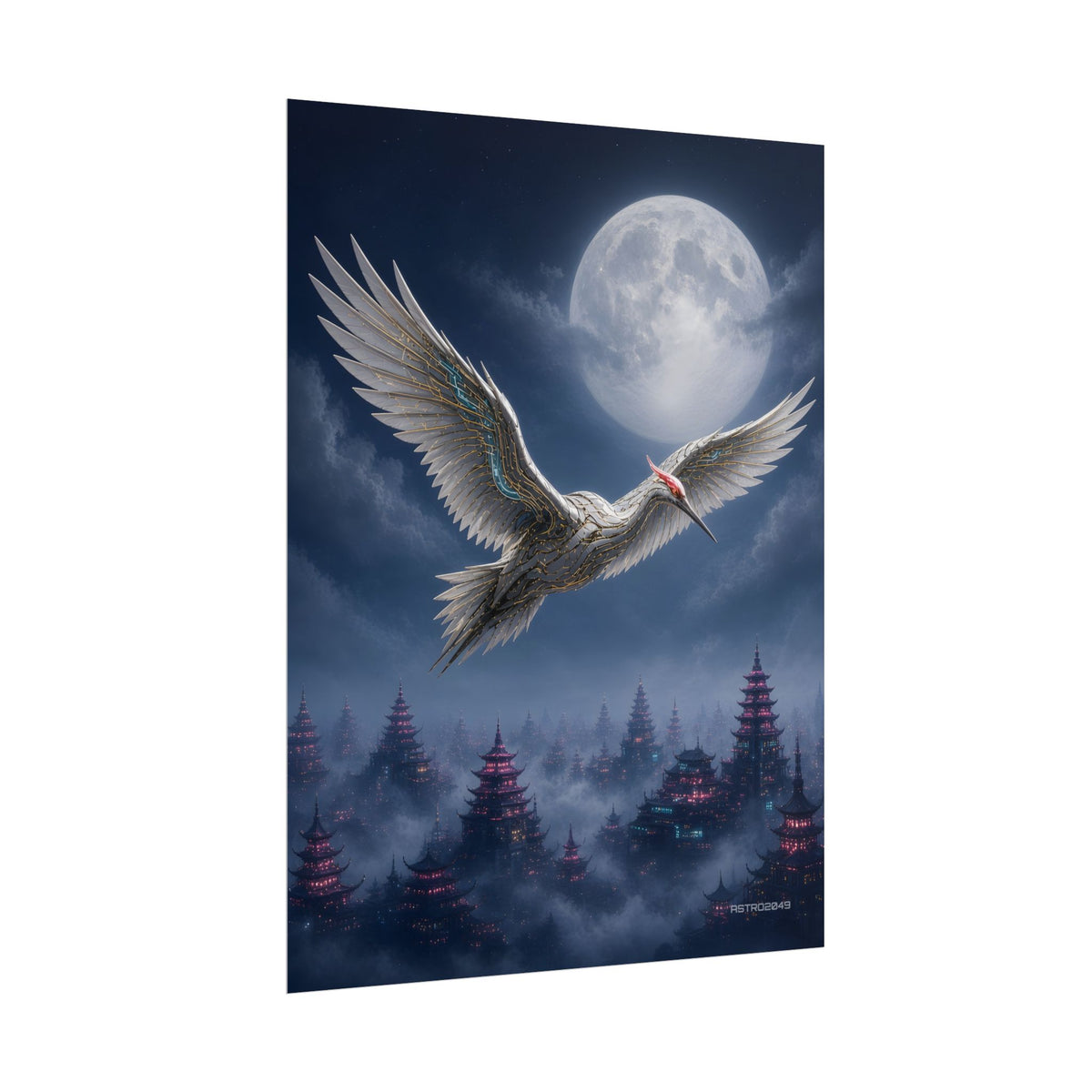 Moon Circuit Crane poster hanging above a dark gaming desk with neon lighting, view 7 of 8