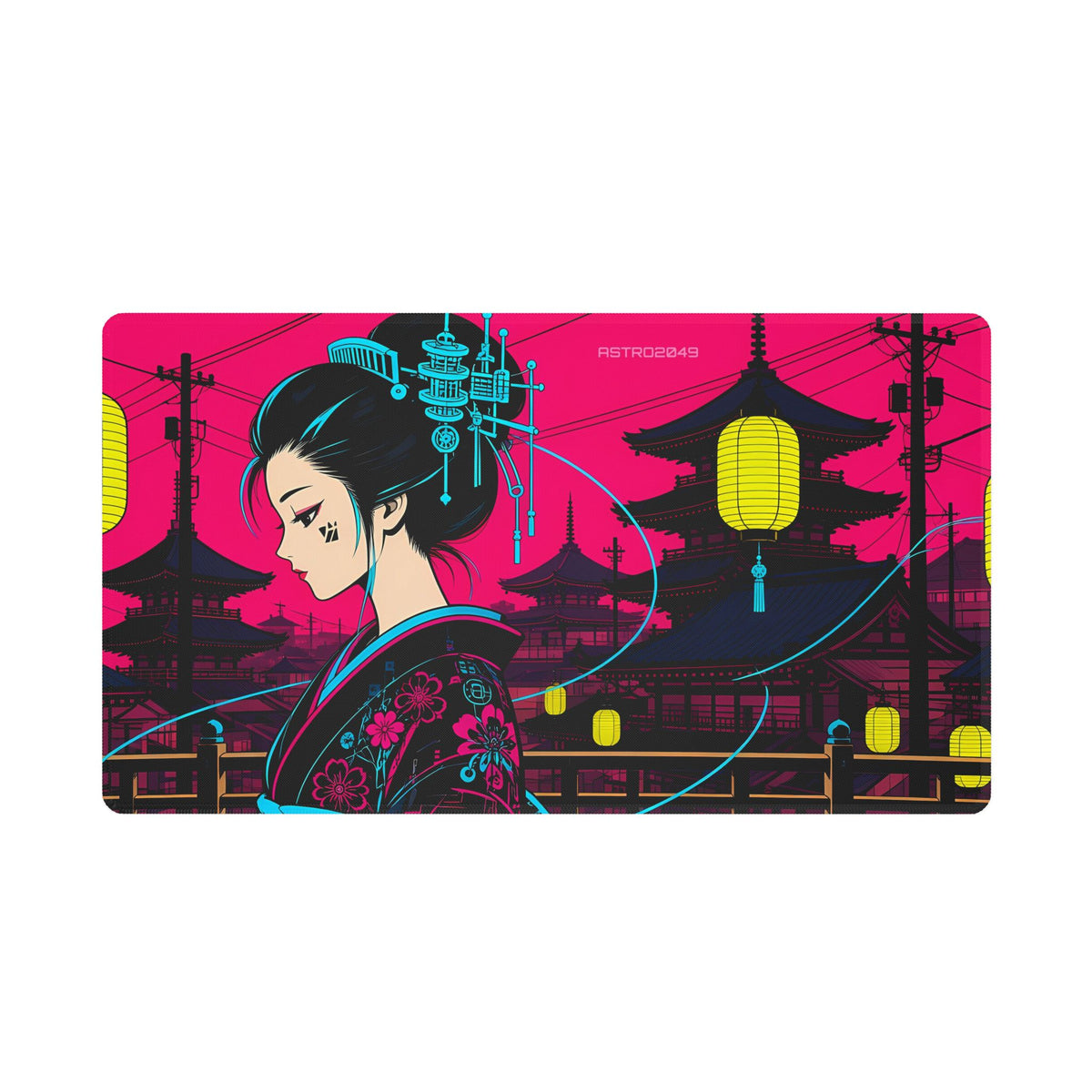 Anime-style geisha in a patterned kimono on a wooden bridge with glowing yellow paper lanterns, pagodas and a hot magenta sky, desk mat by ASTRO2049