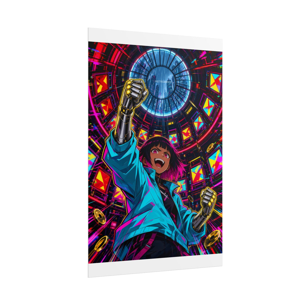 Arcade Nights 2049 poster hanging above a dark gaming desk with neon lighting, view 4 of 8