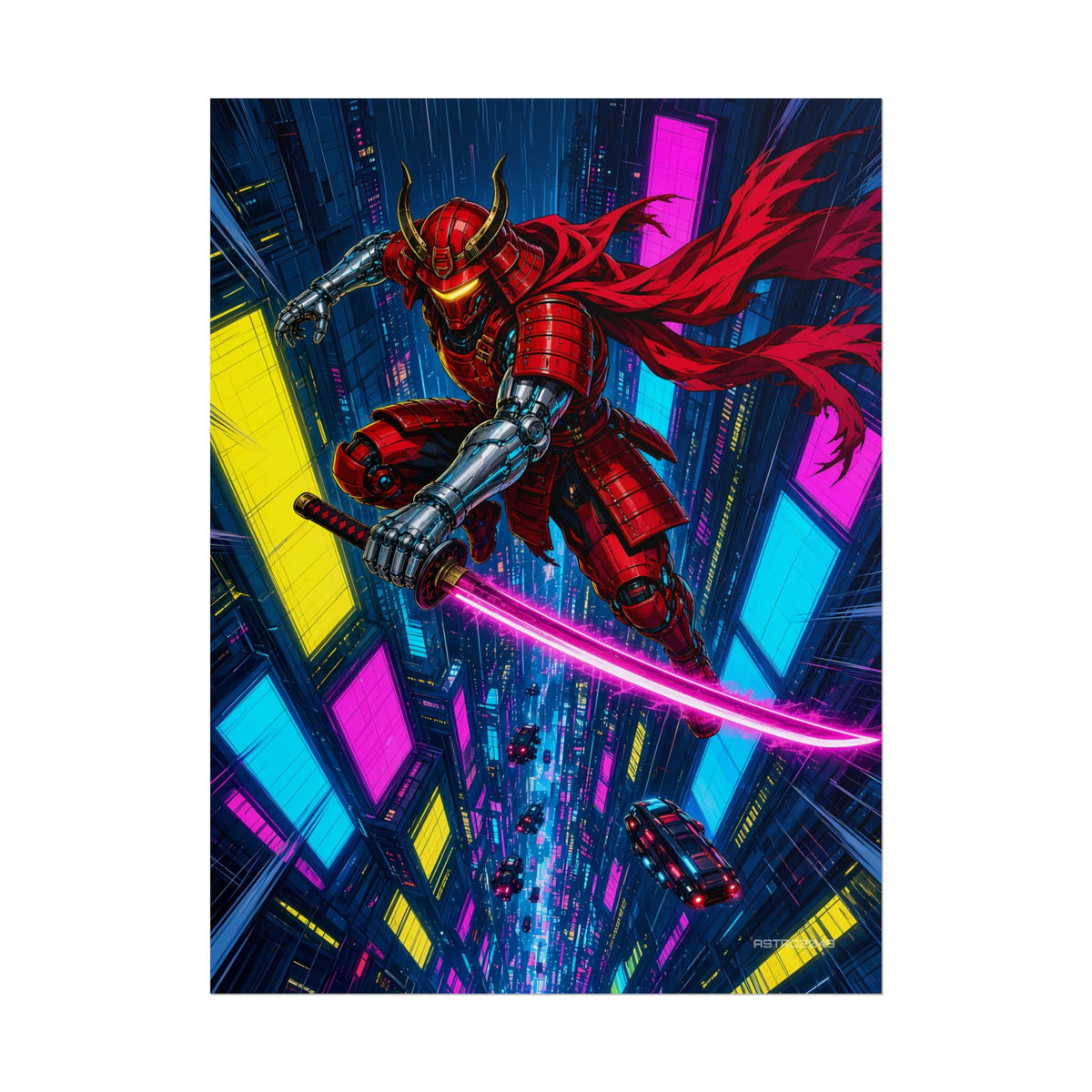 Skyfall Chrome Samurai poster hanging above a dark gaming desk with neon lighting, view 2 of 8