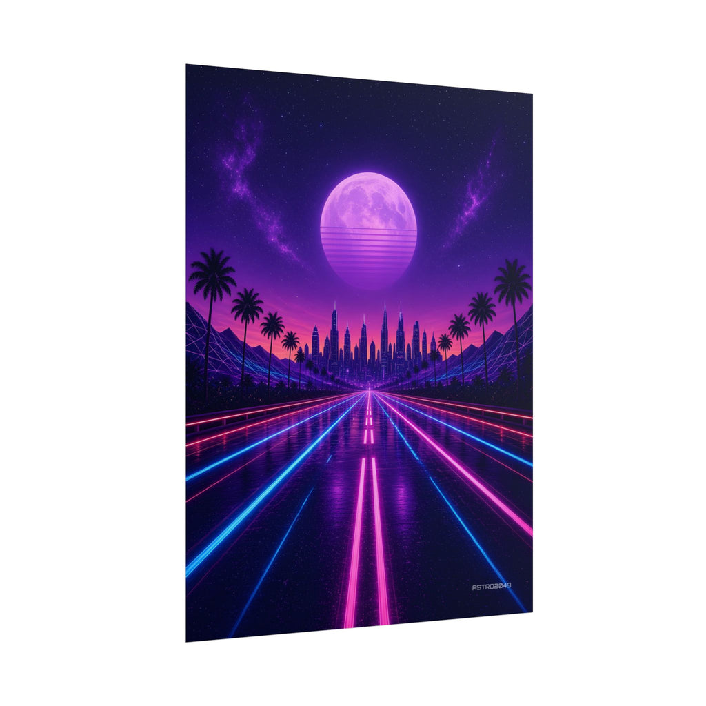 Night Drive 2049 poster hanging above a dark gaming desk with neon lighting, view 7 of 8
