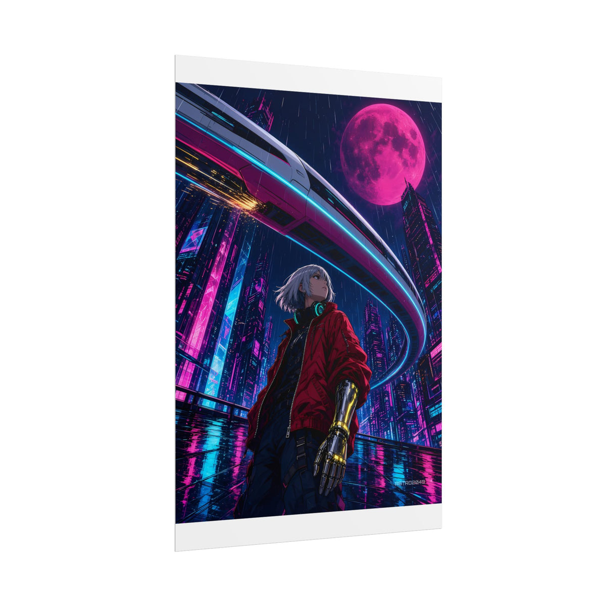 Midnight Monorail poster hanging above a dark gaming desk with neon lighting, view 4 of 8