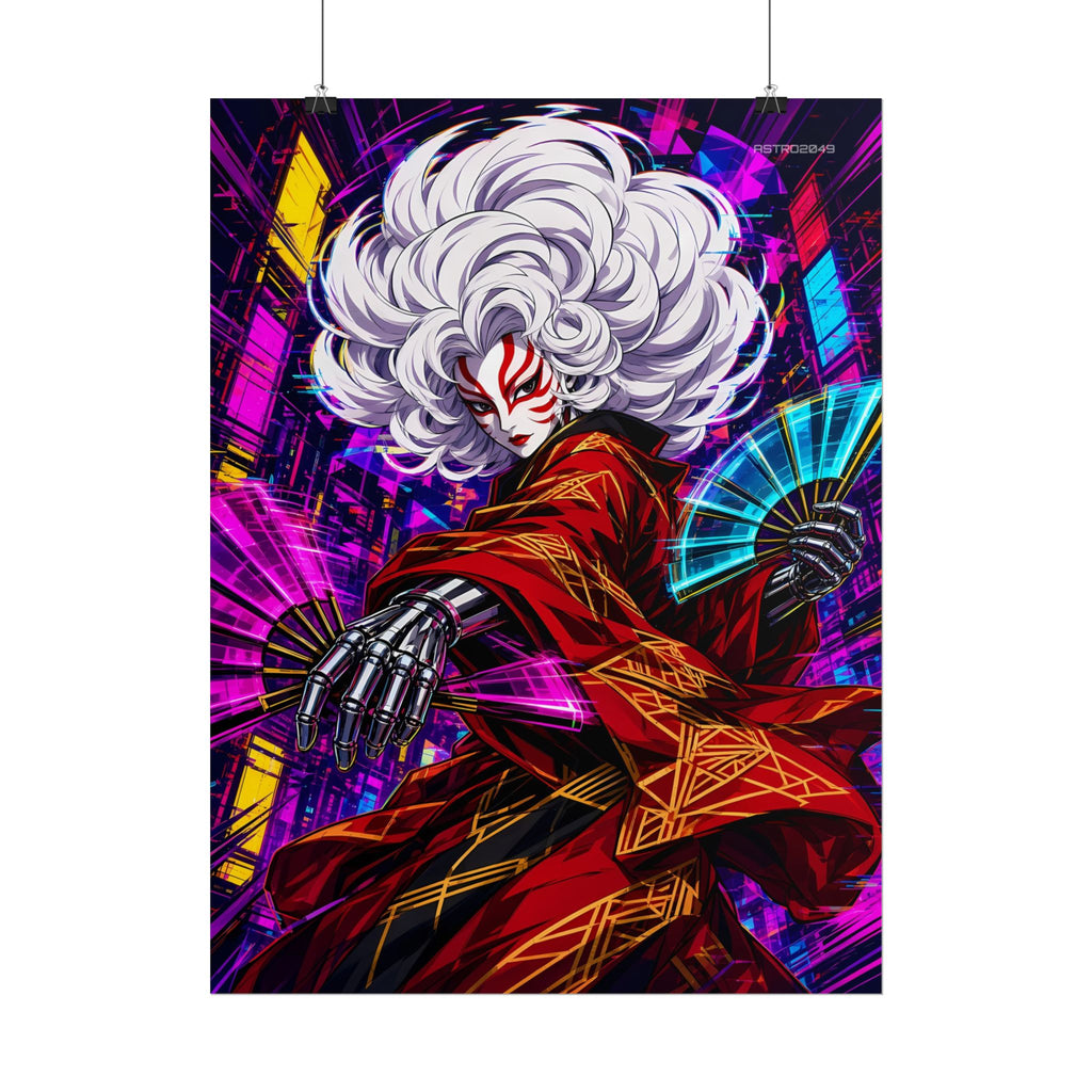 Kabuki Glitch Dancer poster hanging above a dark gaming desk with neon lighting, view 6 of 8