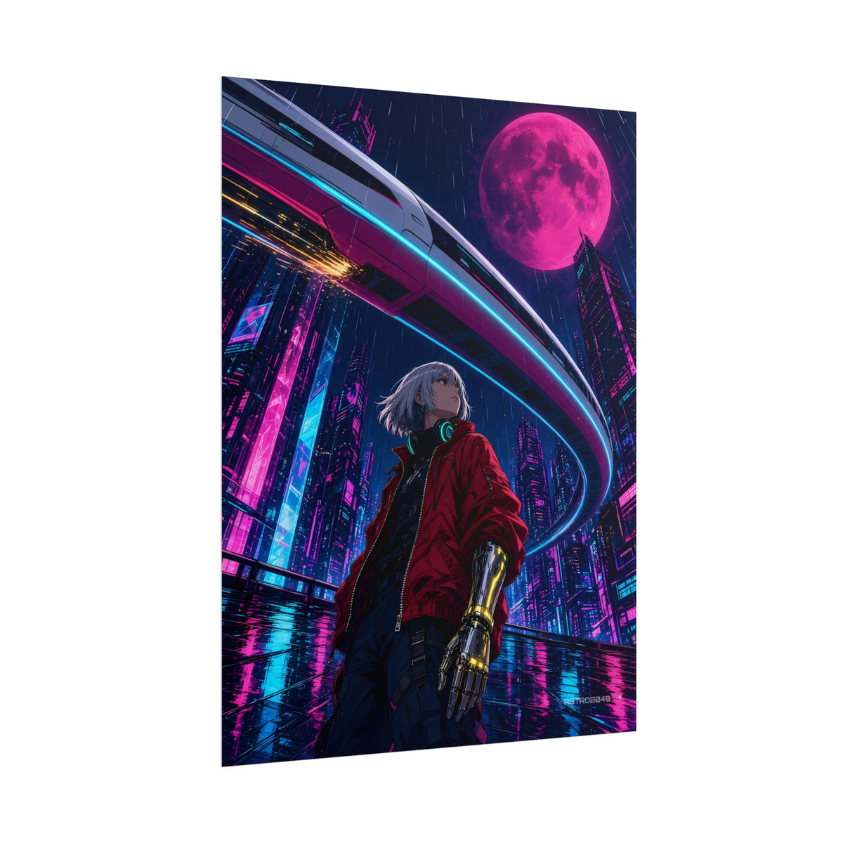 Midnight Monorail poster hanging above a dark gaming desk with neon lighting, view 7 of 8
