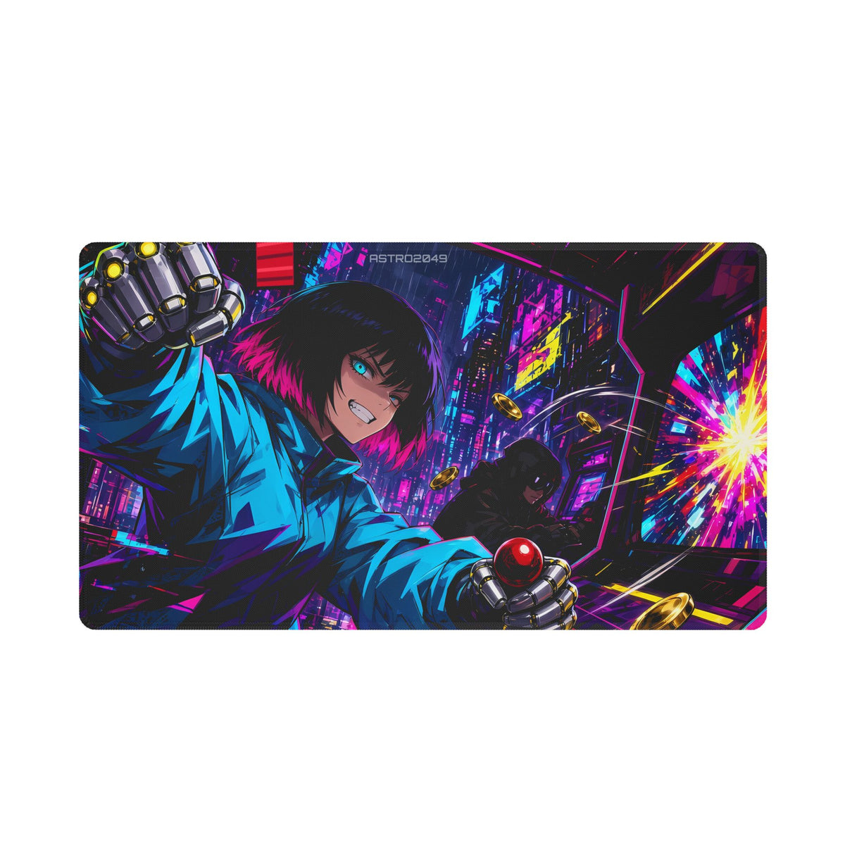 Anime-style gamer with a black and magenta bob, cyan windbreaker and chrome hands raising a fist at a neon arcade cabinet, gold tokens flying and a hooded rival behind, desk mat by ASTRO2049