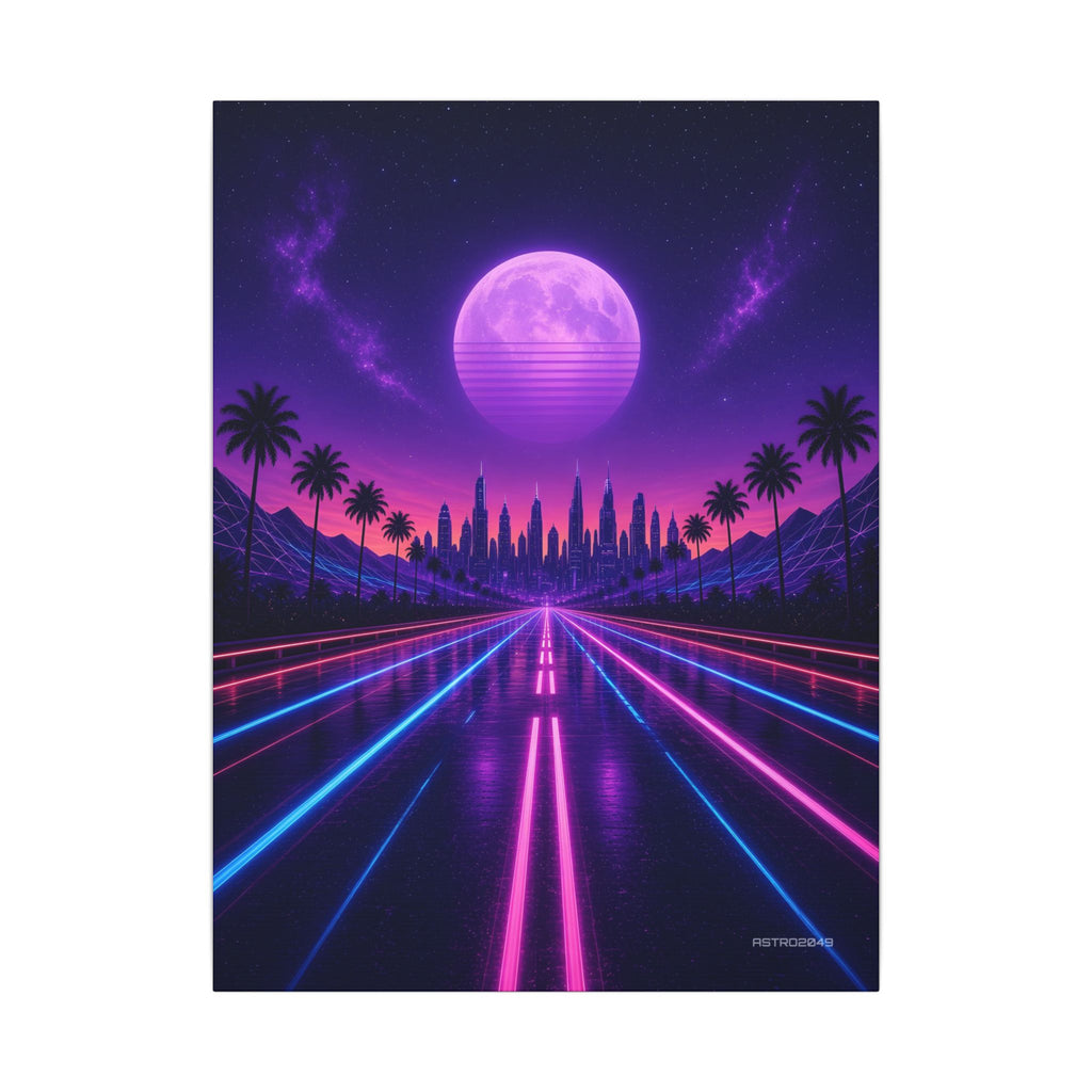 Vertical retrowave art of a neon highway leading to a city skyline under a large striped purple moon, canvas by ASTRO2049