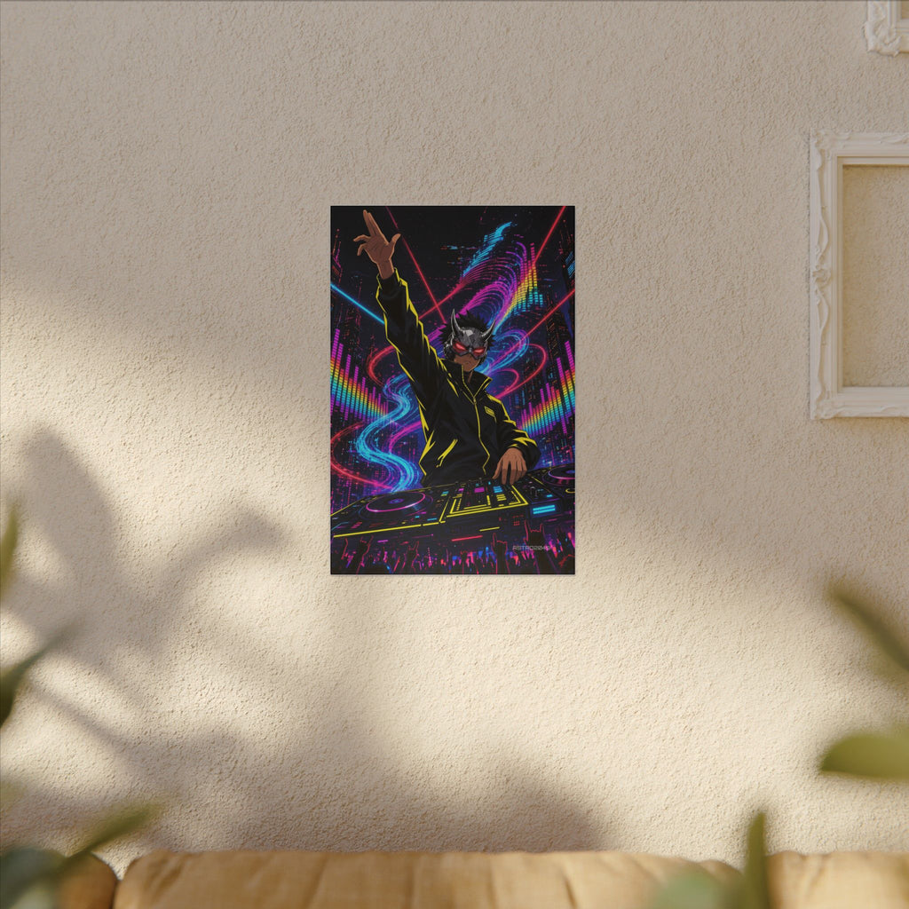 Bassline Oni DJ canvas hanging above a dark gaming desk with neon lighting, view 7 of 8