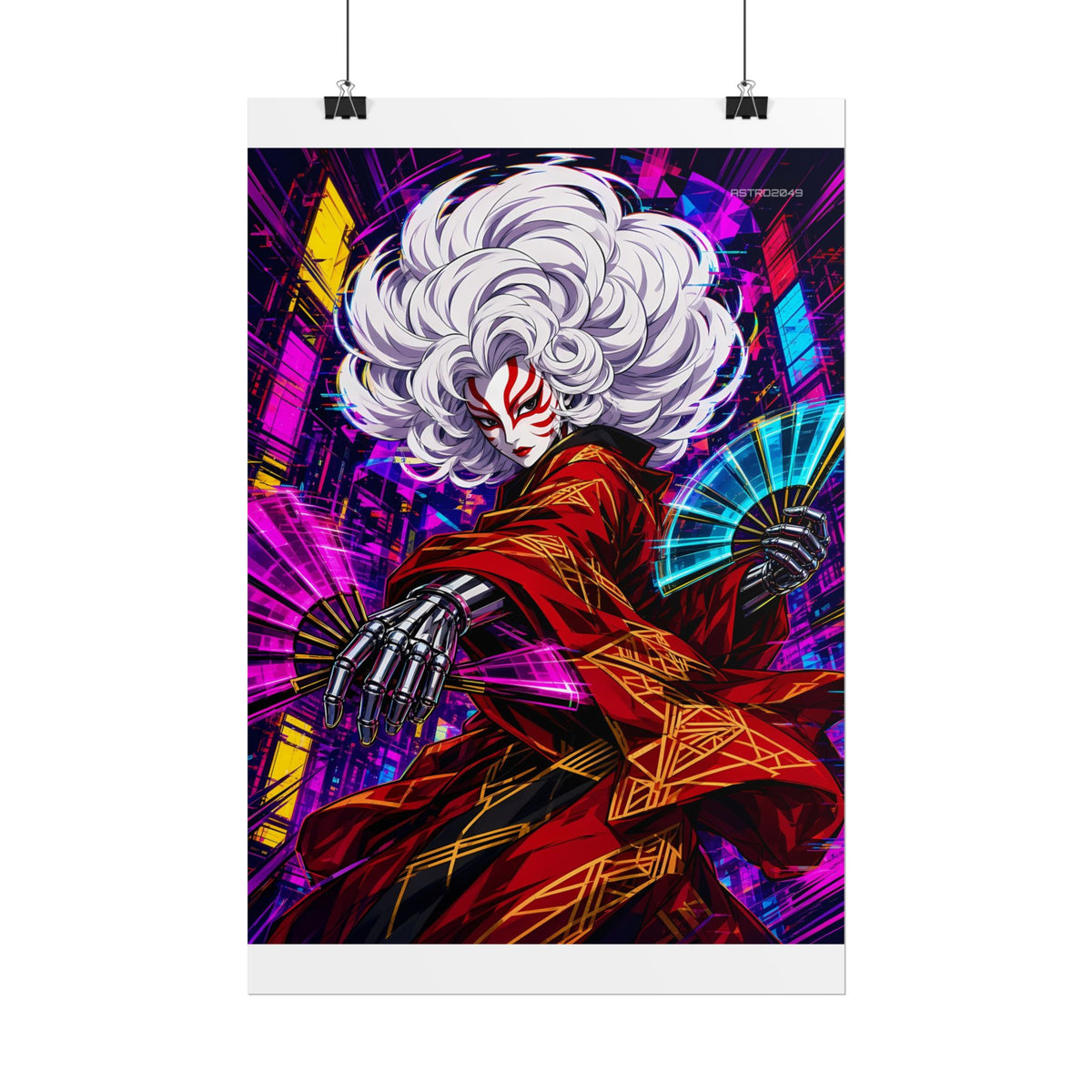 Kabuki Glitch Dancer poster hanging above a dark gaming desk with neon lighting, view 3 of 8