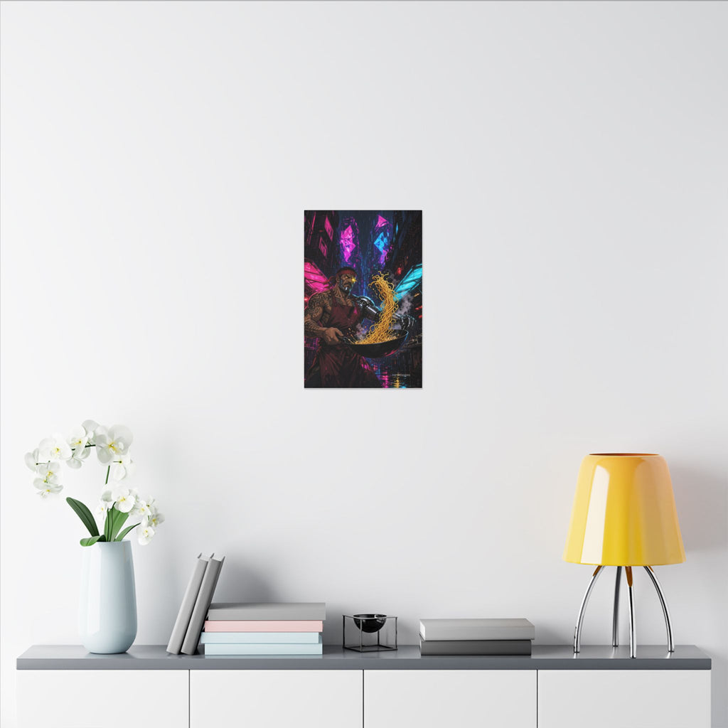 Noodle Bar 2049 canvas hanging above a dark gaming desk with neon lighting, view 8 of 8