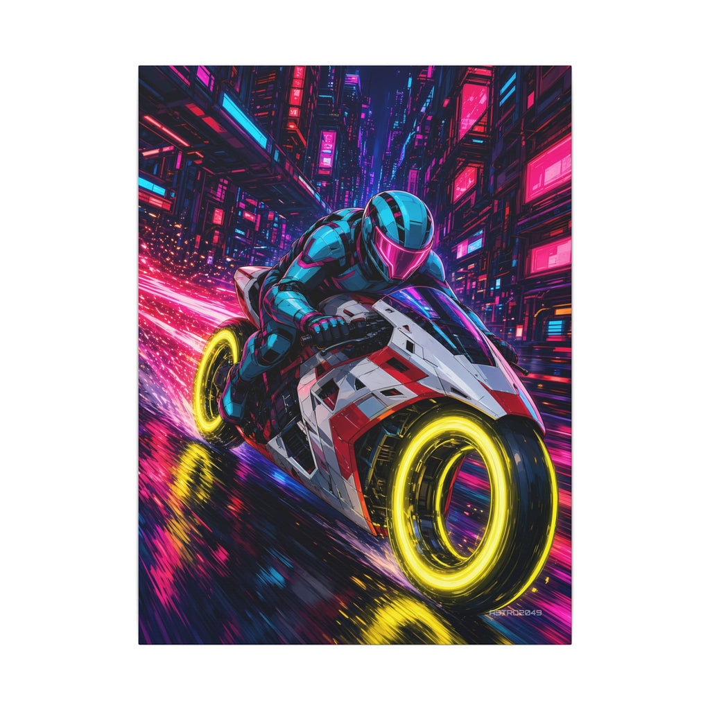 Vertical anime-style art of a helmeted rider on a futuristic bike with glowing yellow wheels speeding toward the viewer between neon towers, canvas by ASTRO2049