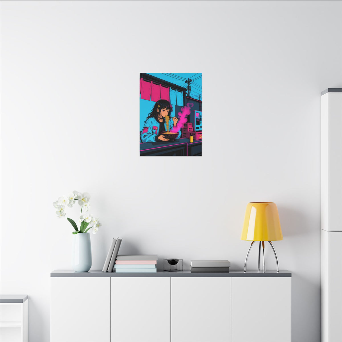 Ramen Stall Messenger canvas hanging above a dark gaming desk with neon lighting, view 5 of 8