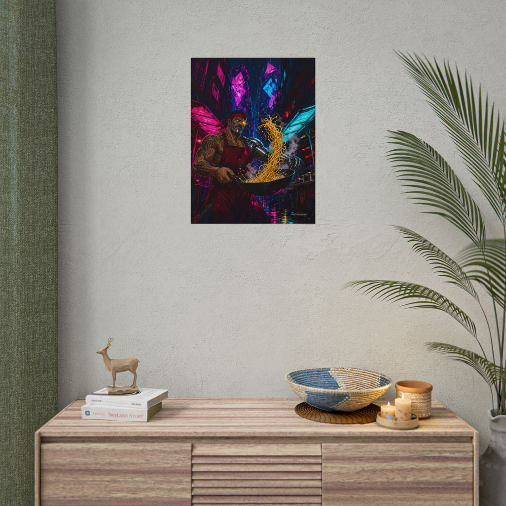 Noodle Bar 2049 poster hanging above a dark gaming desk with neon lighting, view 8 of 8