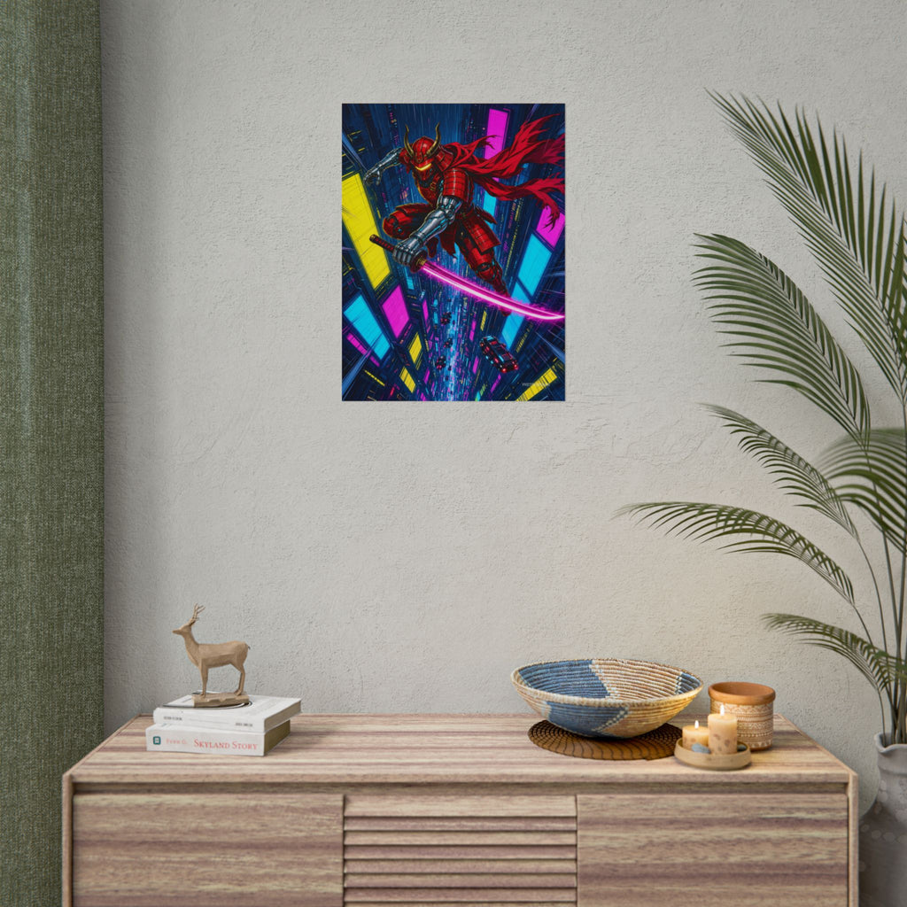 Skyfall Chrome Samurai poster hanging above a dark gaming desk with neon lighting, view 8 of 8