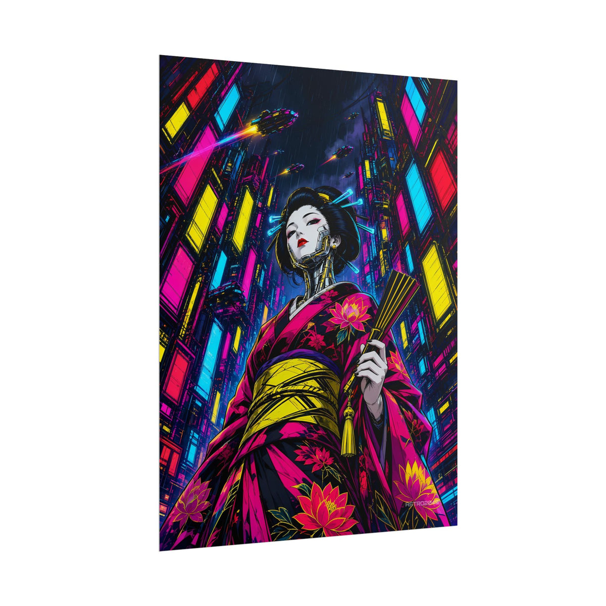Chrome Lotus Geisha poster hanging above a dark gaming desk with neon lighting, view 7 of 8