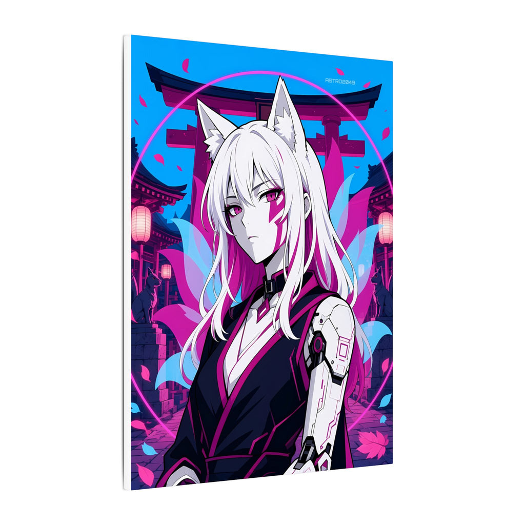 Cyber Kitsune Guardian canvas hanging above a dark gaming desk with neon lighting, view 3 of 8