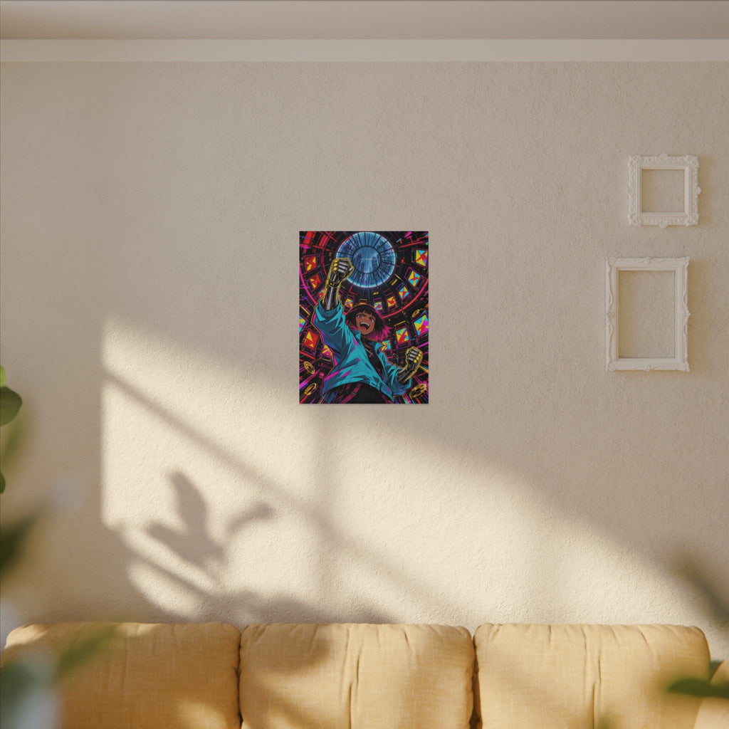 Arcade Nights 2049 canvas hanging above a dark gaming desk with neon lighting, view 4 of 8