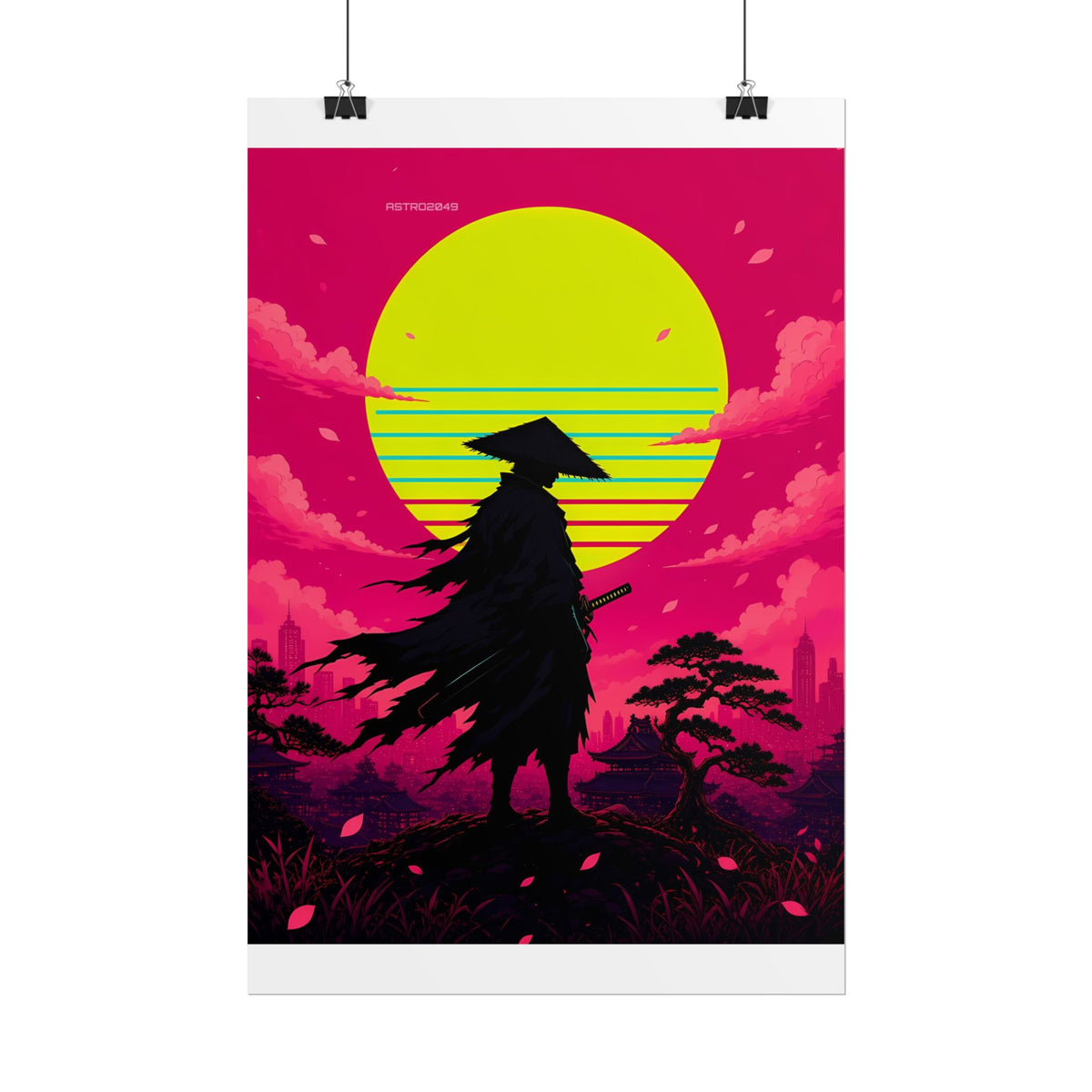 Retrowave Sun Ronin poster hanging above a dark gaming desk with neon lighting, view 3 of 8
