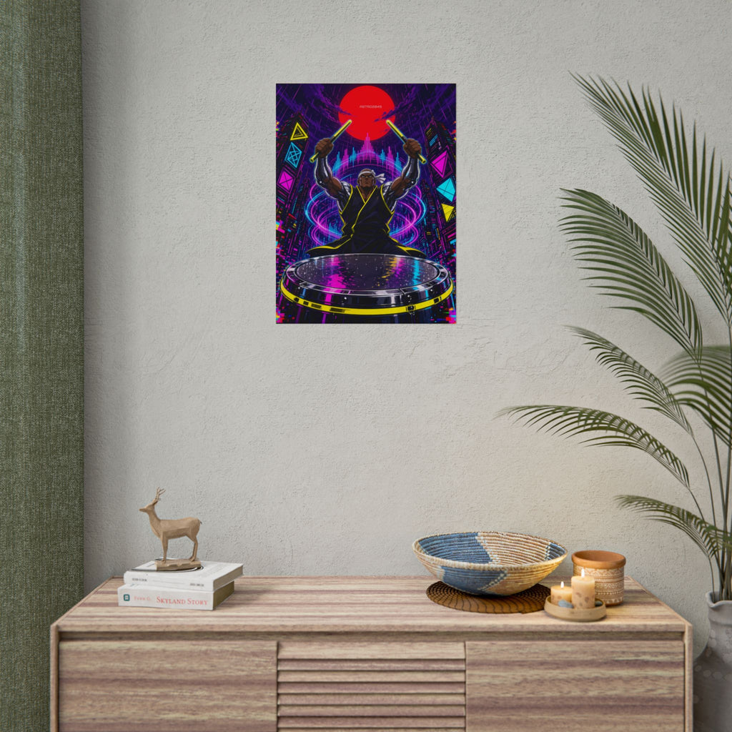 Taiko Thunder 2049 poster hanging above a dark gaming desk with neon lighting, view 8 of 8