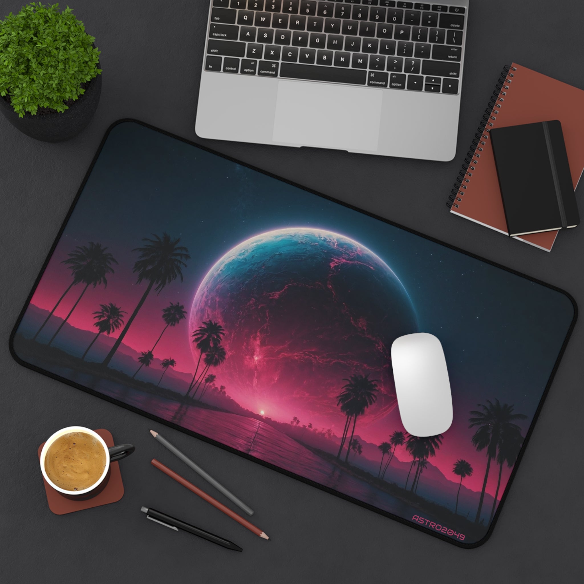 CYBERPUNK - RETROWAVE - Cosmic Oasis Desk Mat - Vibrant Gaming Pad, Office Decor, Gift for Space Lovers, Planet Themed