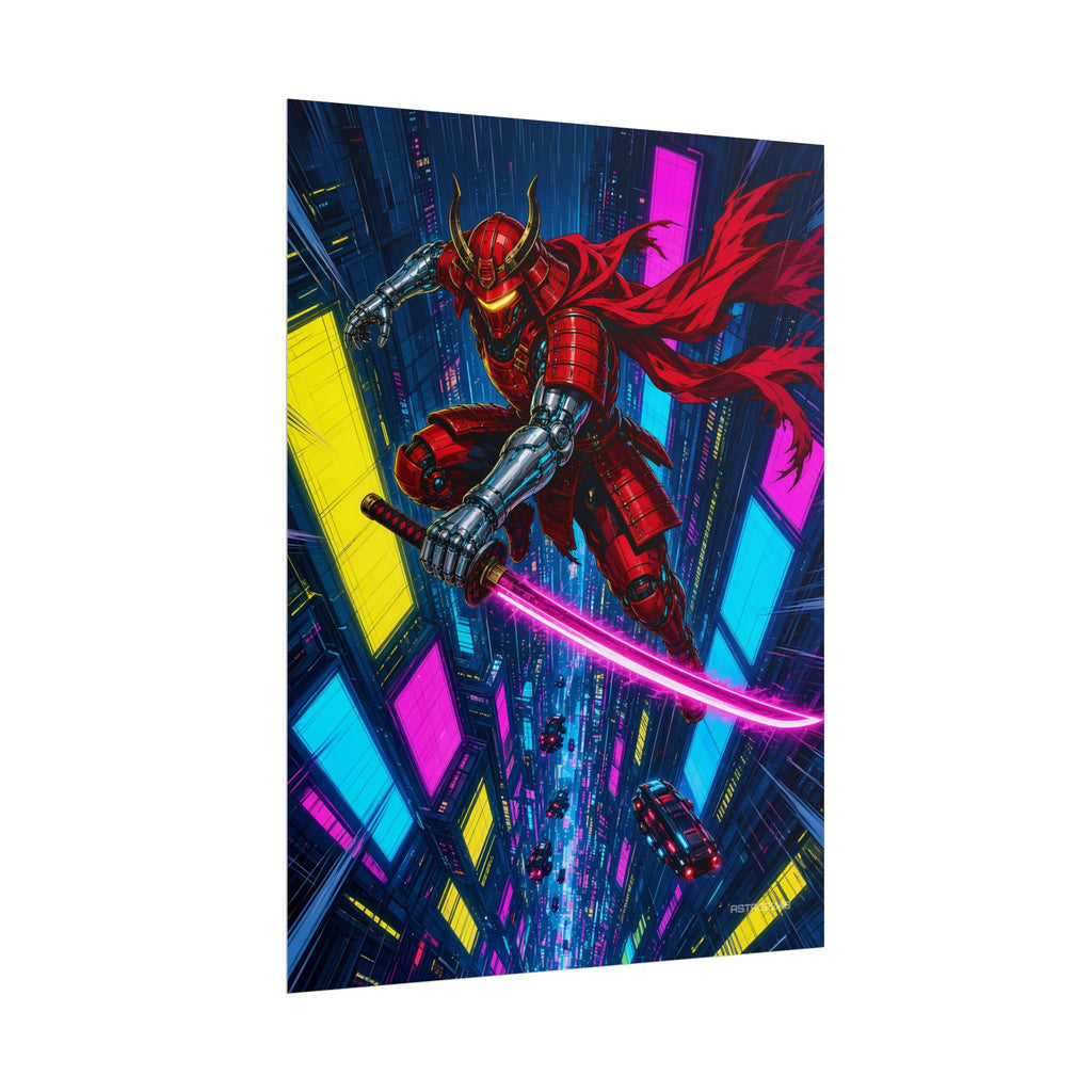 Skyfall Chrome Samurai poster hanging above a dark gaming desk with neon lighting, view 7 of 8
