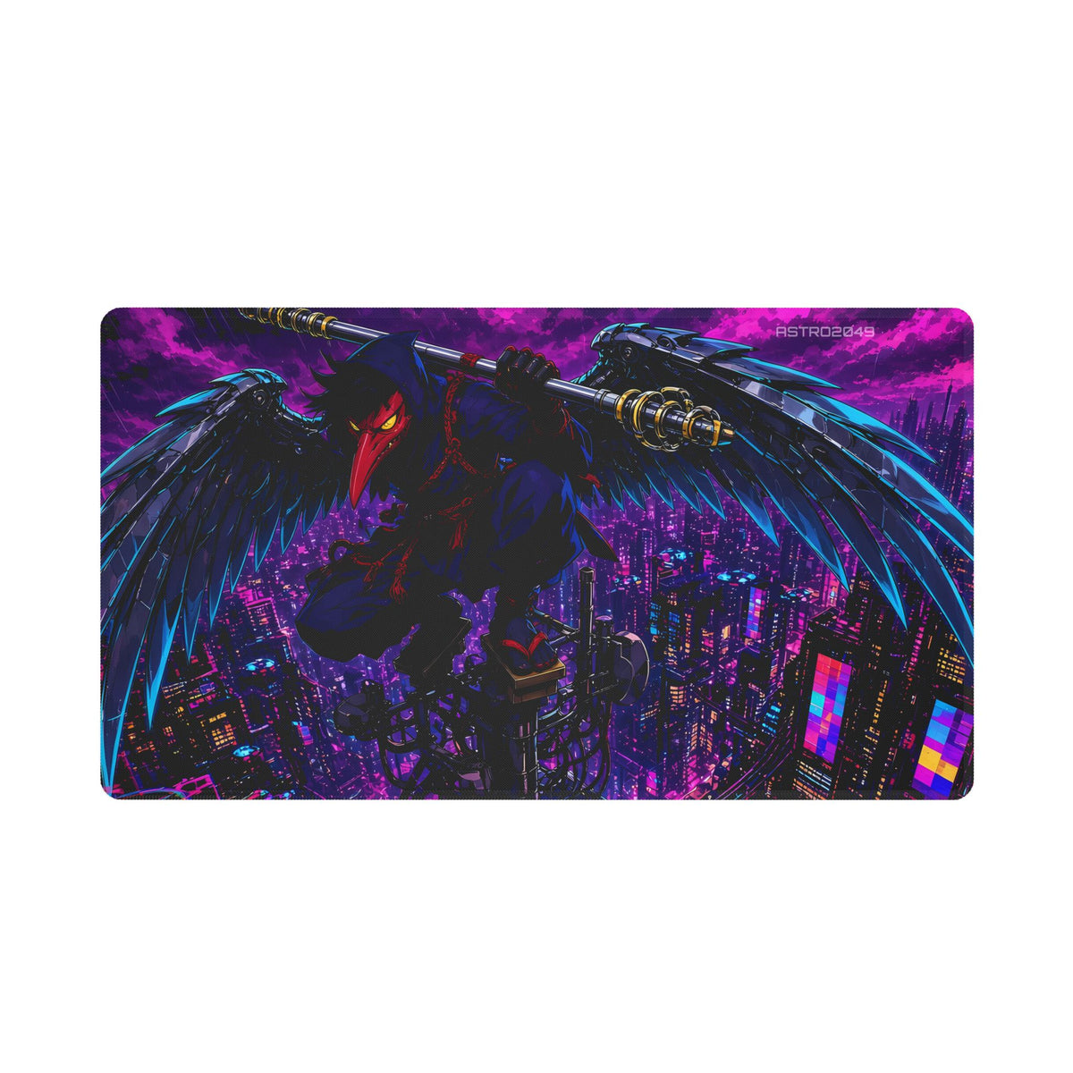 Anime-style tengu guardian in a long-nosed red mask with black chrome crow wings and a ringed staff crouching on an antenna mast above a purple neon megacity, desk mat by ASTRO2049