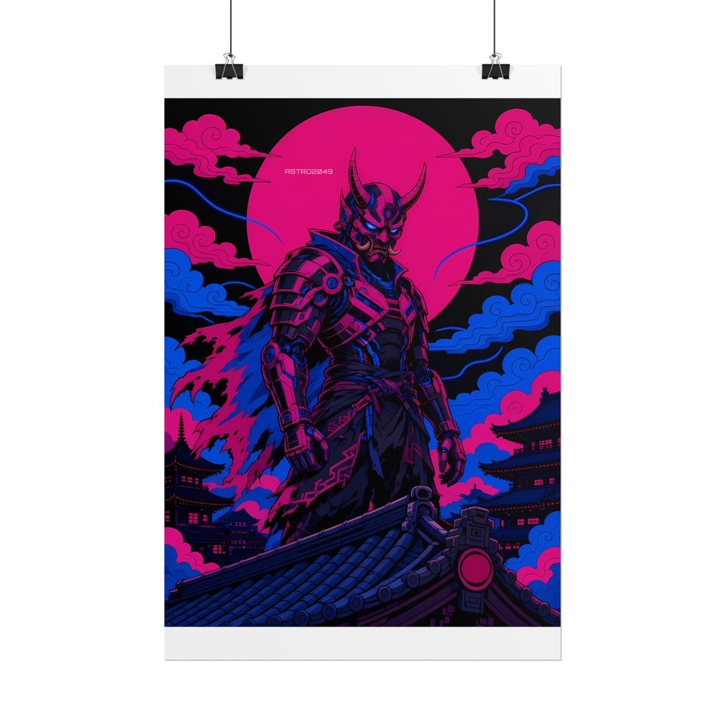 Temple Roof Oni Warlord poster hanging above a dark gaming desk with neon lighting, view 3 of 8