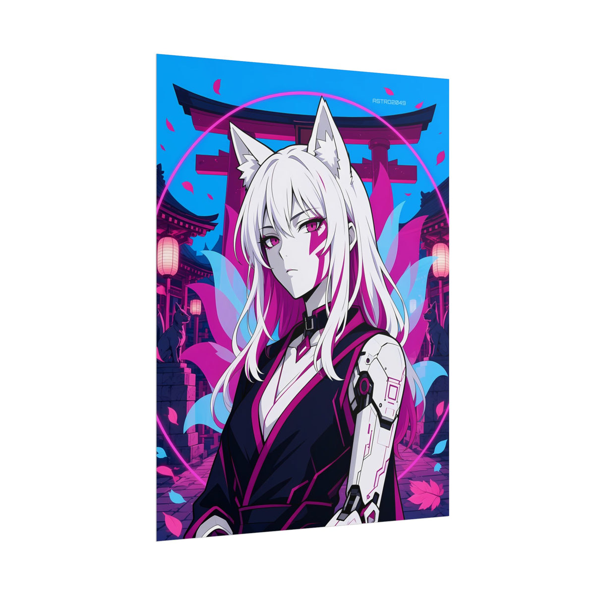 Cyber Kitsune Guardian poster hanging above a dark gaming desk with neon lighting, view 7 of 8