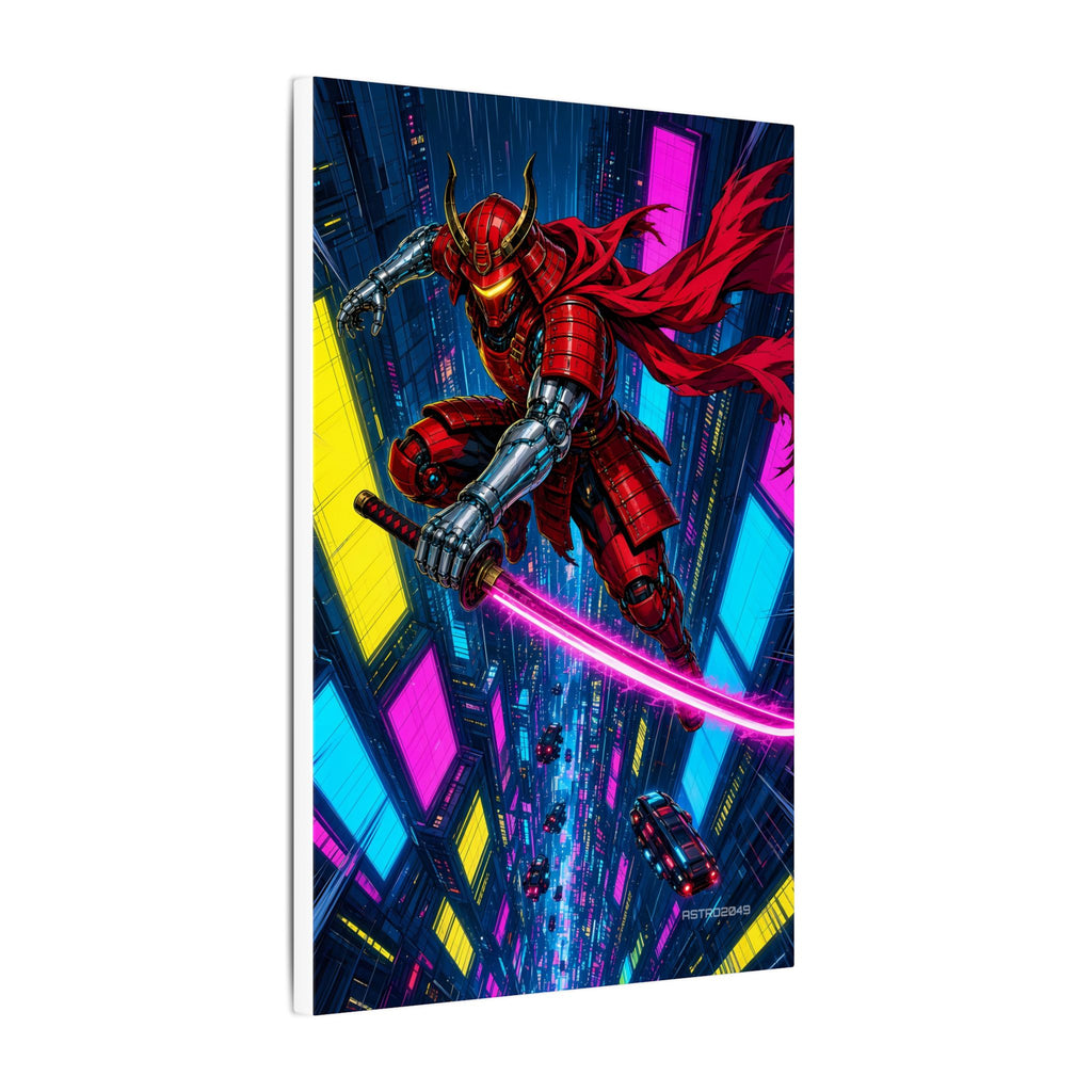 Skyfall Chrome Samurai canvas hanging above a dark gaming desk with neon lighting, view 6 of 8