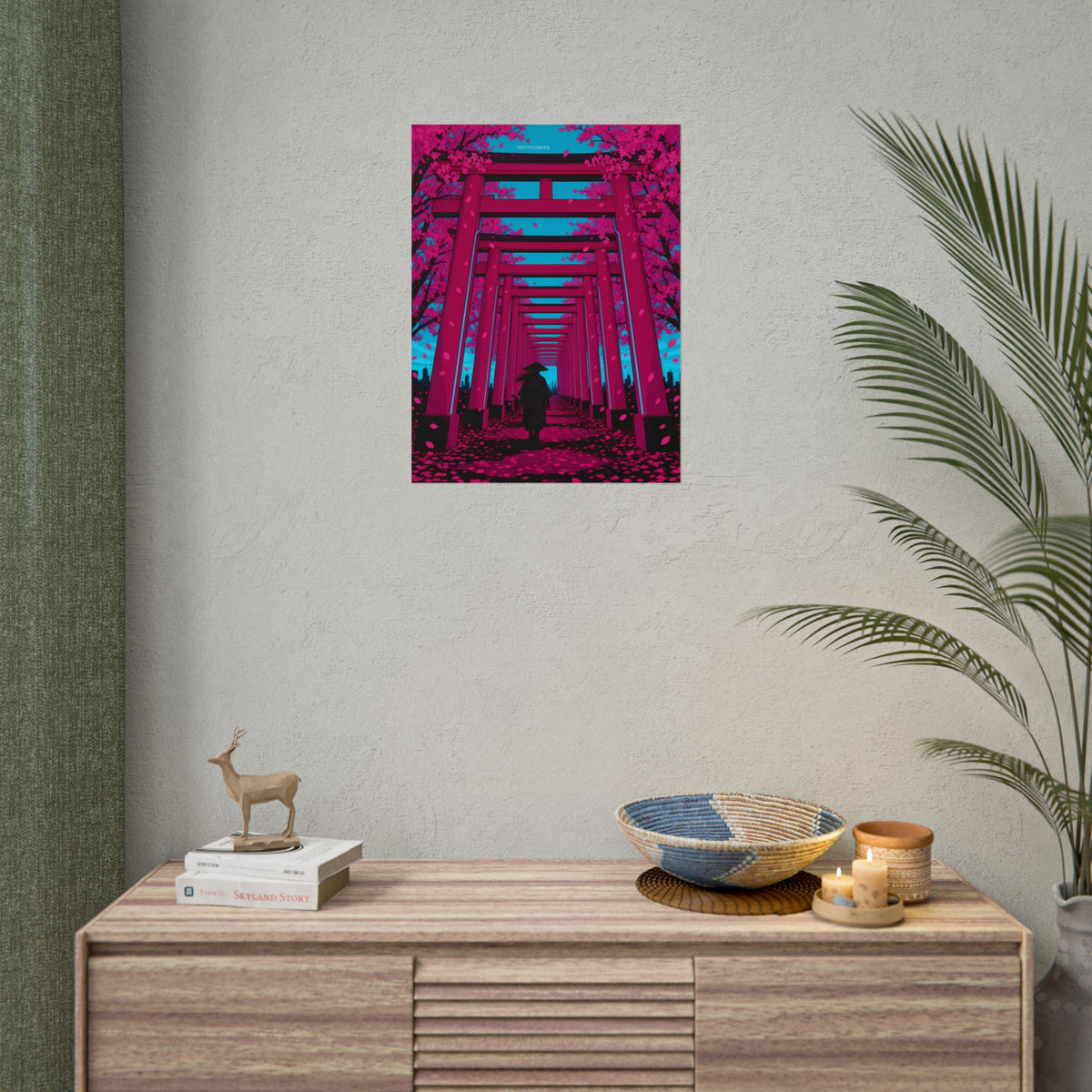 Torii Tunnel Samurai poster hanging above a dark gaming desk with neon lighting, view 8 of 8