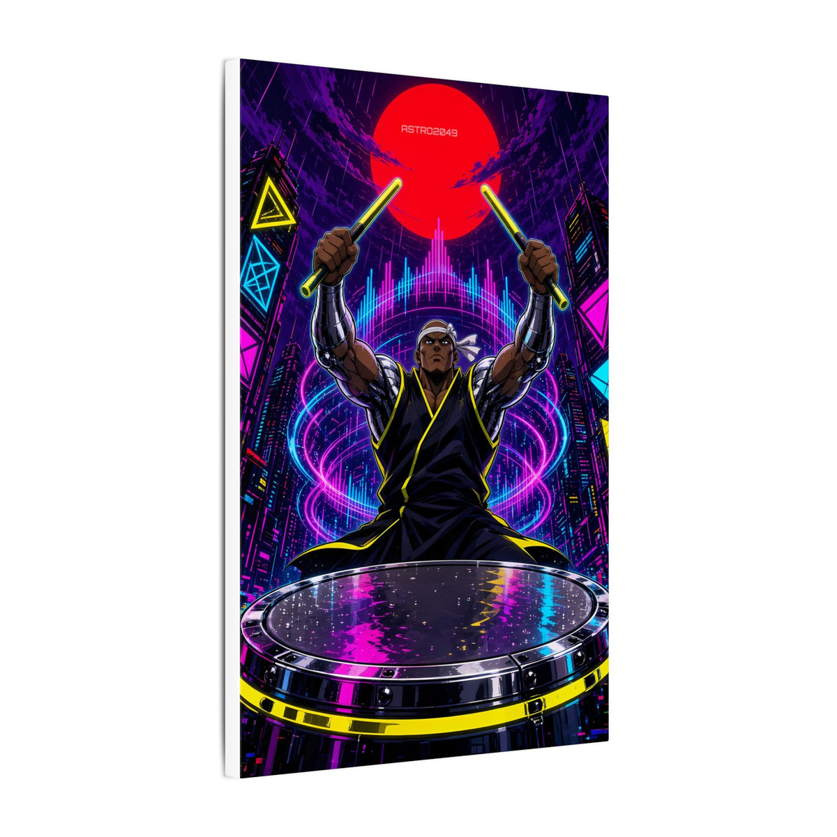 Taiko Thunder 2049 canvas hanging above a dark gaming desk with neon lighting, view 6 of 8