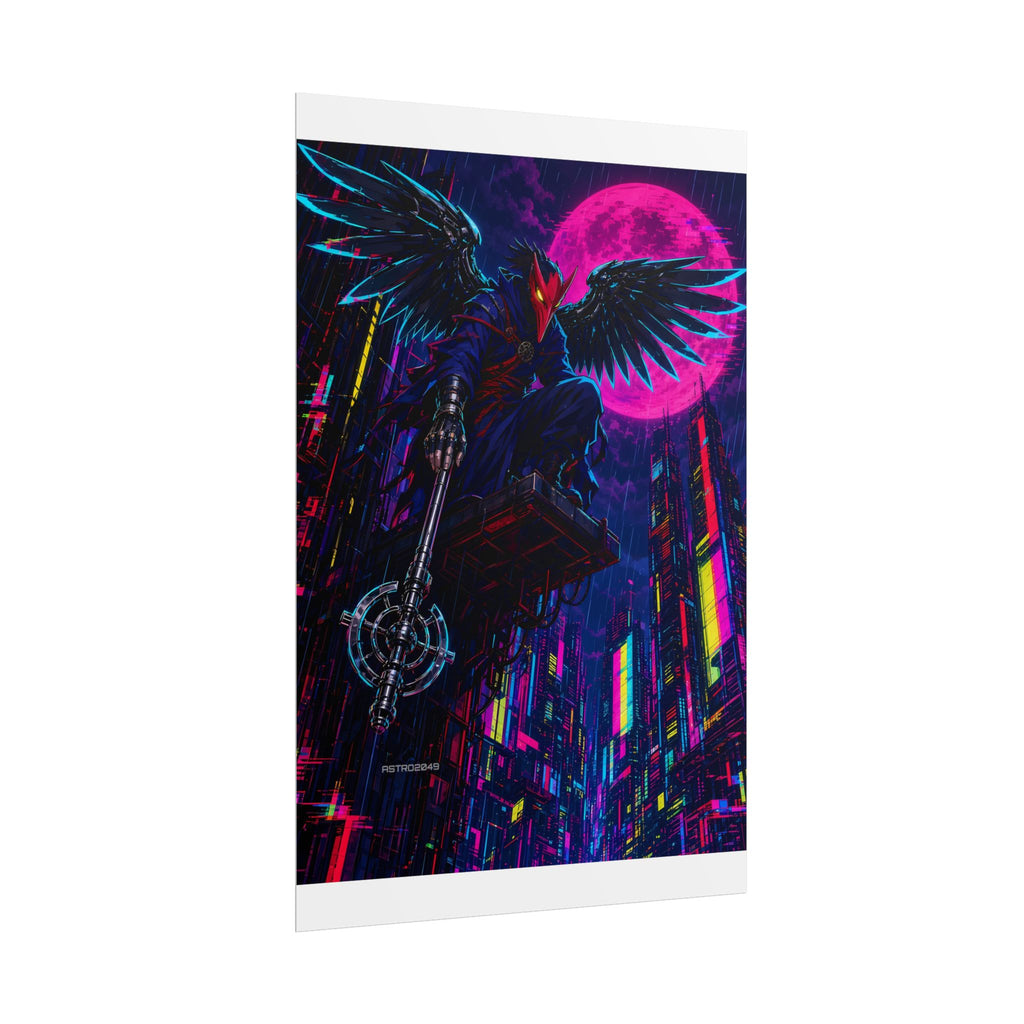 Chrome Tengu Sentinel poster hanging above a dark gaming desk with neon lighting, view 4 of 8