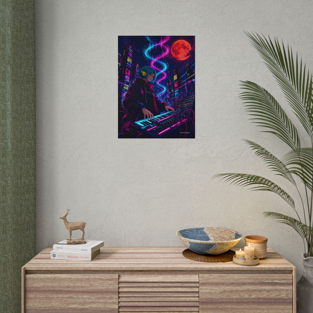 Rooftop Synth Runner poster hanging above a dark gaming desk with neon lighting, view 8 of 8