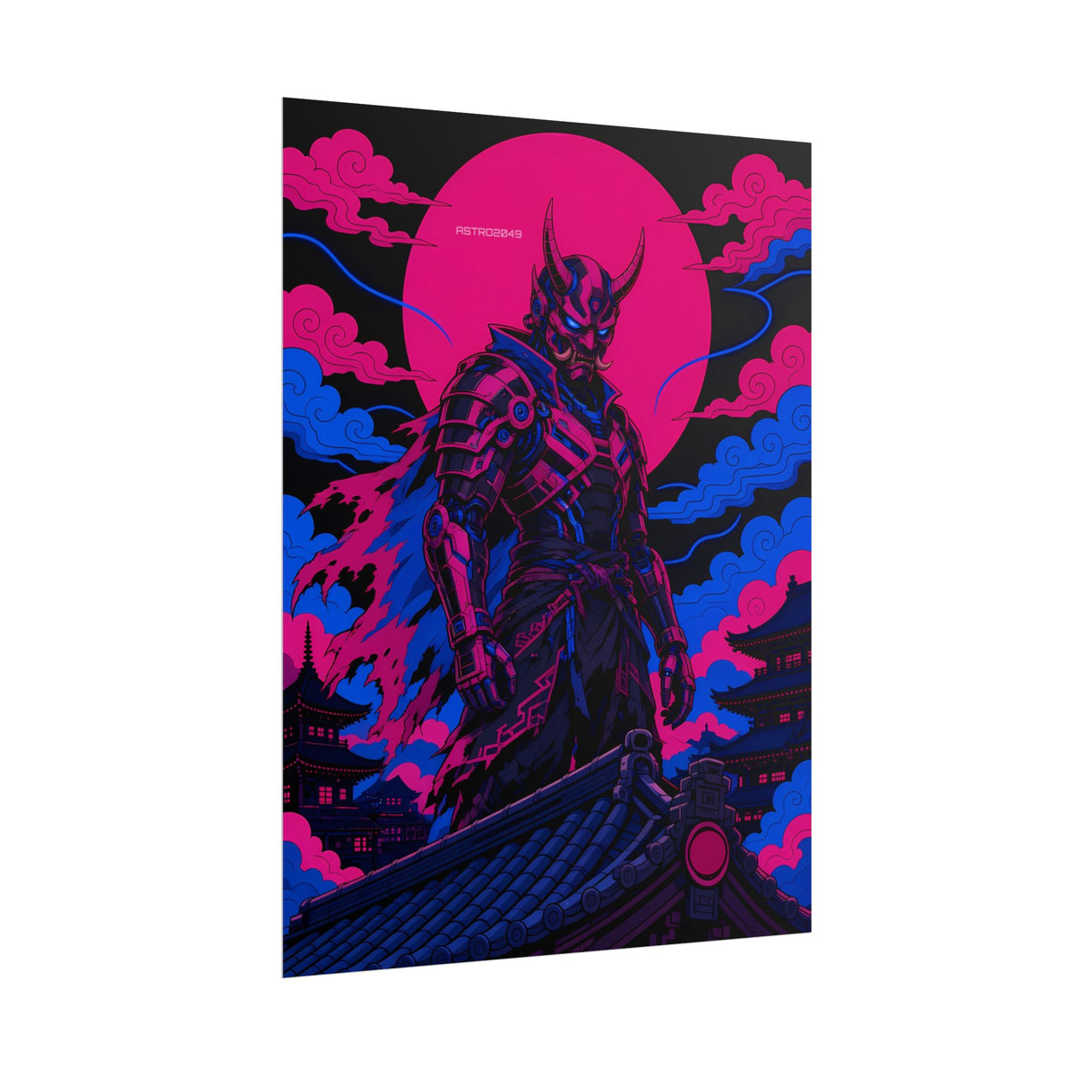 Temple Roof Oni Warlord poster hanging above a dark gaming desk with neon lighting, view 7 of 8